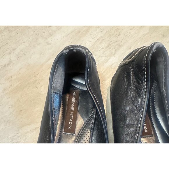 Adrienne Vittadini Black Leather Womens Flats 8M With Floral Toe Detail - Picture 3 of 11